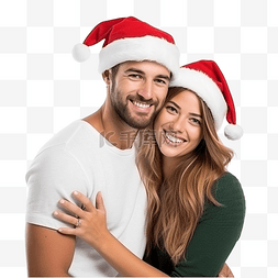 圣诞树旁戴着圣诞帽的幸福情侣合