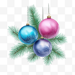 闪亮的圣诞图片_绿色云杉树枝和粉色和蓝色闪亮的