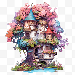 医美精灵耳图片_树上有很多花的童话房子的插图 ai