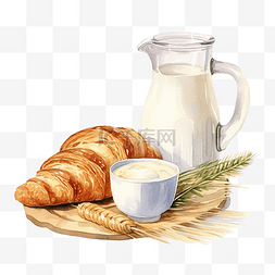 水彩早餐加牛奶和面包