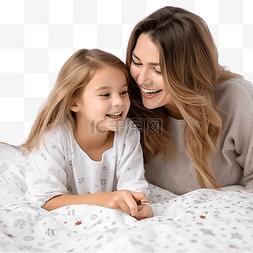 小女孩躺在床上和妈妈玩耍