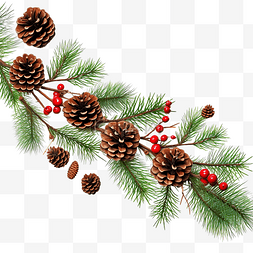 圣诞树枝上有冷杉球果和节日装饰