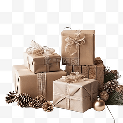 圣诞装饰，木桌上有礼品盒和乡村