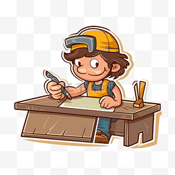 卡通儿童木匠，桌上放着钢笔和素