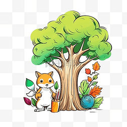 动物植物漫画图片_花园里的树卡通铅笔画风格的动物