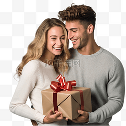 快乐的年轻夫妇在灰色的表面上拿