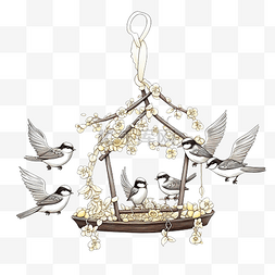 卡通鸟群图片_快乐的小麻雀和山雀在挂在树枝上