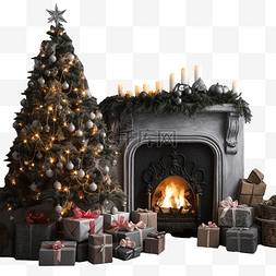 壁炉木柴图片_圣诞树上的礼物值得靠近壁炉，配