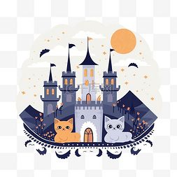 矢量创意树设计图片_快乐万圣节贺卡与猫和闹鬼的城堡