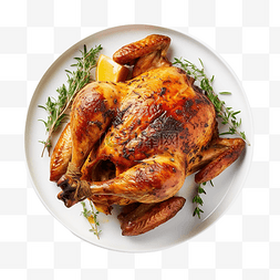 感恩节晚餐盘上高角度的烤鸡