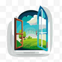 贴窗户图片_带有绿色田野剪贴画开放视图的窗