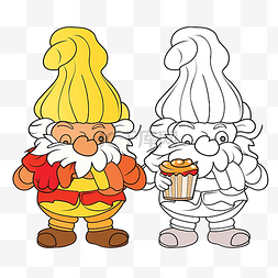 儿童卡通大红色图片_橙色和黄色侏儒拿着红色蛋糕着色