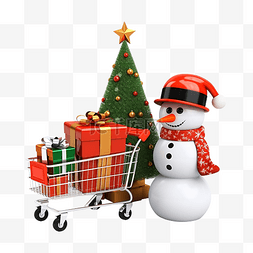 购物车透明背景图片_3d 圣诞树礼品盒购物车和雪人