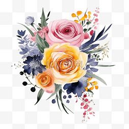 宽松水彩七彩玫瑰和野花花束元素