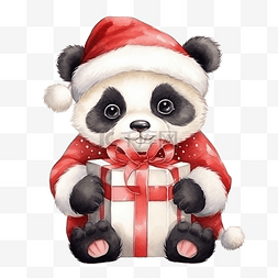 可爱的熊猫在圣诞老人服装水彩圣