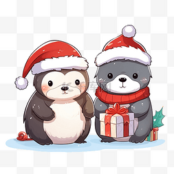 升学宴贺卡图片_卡通可爱圣诞熊和企鹅装饰矢量图