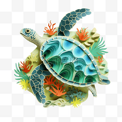 蓝色的海马图片_海龟游泳海洋生物纸艺术