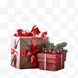红白丝带礼物图片_圣诞礼品盒，木桌上有红白丝带，