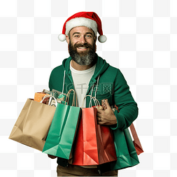 男士面具图片_戴着圣诞帽和复古衬衫绿色购物袋