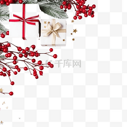 红色礼品组合图片_圣诞组合物，配有红色浆果和带蝴