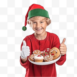 一个戴着圣诞老人帽子的男孩竖起