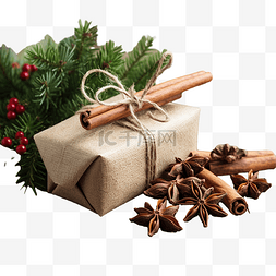 木质桌上图片_圣诞礼物盒和冷杉树枝，配上肉桂