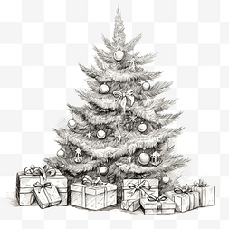 设计黑白手绘插画圣诞树和礼盒