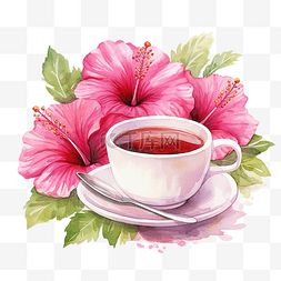 粉色木槿花图片_水彩茶与木槿花插图 ai 生成