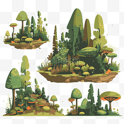 卡通田图片_森林中四棵蕨树和蘑菇田的林业剪