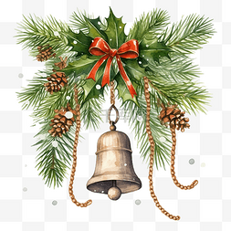 铃儿响图片_圣诞贺卡，配有冷杉树枝和木制铃