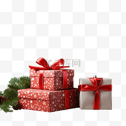 各种各样的礼物图片_圣诞礼品盒，木桌上有红白丝带，