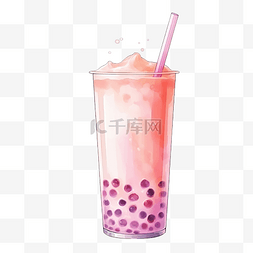 水彩粉色珍珠奶茶