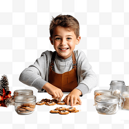 男孩用焦糖制作圣诞饼干与家人一