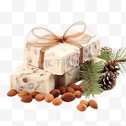 甜牛轧糖配榛子和圣诞装饰桌特写