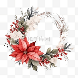 圣诞花卉水彩框架与冬季植物一品