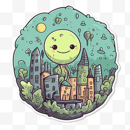 卡通绿色星球图片_可爱的卡通城市贴纸，上面有可爱