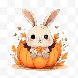 兔子贴纸插画图片_可爱的兔子坐在南瓜快乐万圣节秋