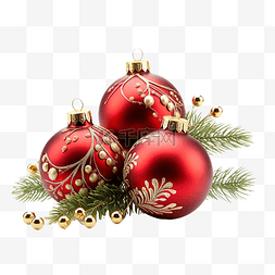 红松果图片_圣诞红色饰品，配有金色珠子和冷