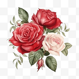 带水的玫瑰图片_红玫瑰水彩花花束复古古董带叶