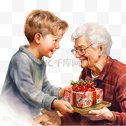 老奶奶和孩子图片_孙子给微笑的祖母一份圣诞礼物