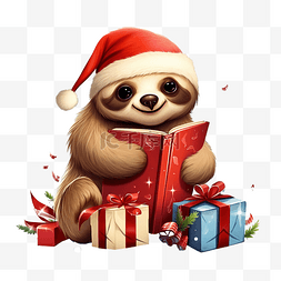 可爱的卡通圣诞树懒在礼品盒里看
