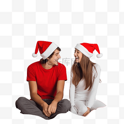 冬天躺着的人图片_戴着红色圣诞帽的女孩和男孩青少