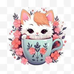往杯中倒水图片_咖啡杯里的花卉多彩可爱心猫