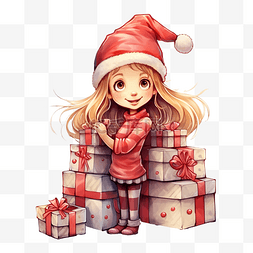 戴着圣诞帽的快乐可爱的女孩拥抱