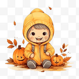 玩南瓜图片_穿着夹克的可爱宝宝坐在秋季森林