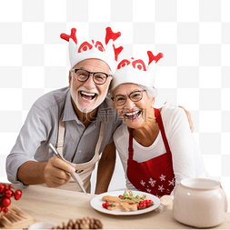 快乐的老夫妇戴着鹿帽，在厨房的