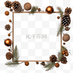 贺卡新年图片_圣诞球和云杉树枝与锥体的框架