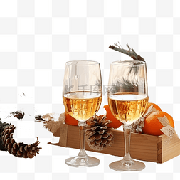 酒杯上的酒图片_木桌上的圣诞组合物，配有礼品盒