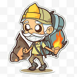 卡通人物探险家背着背包和火 向
