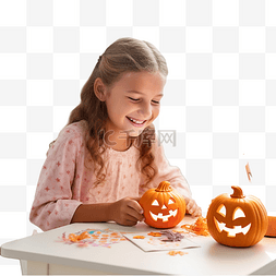 一个女孩坐在桌旁，用纸浆画南瓜